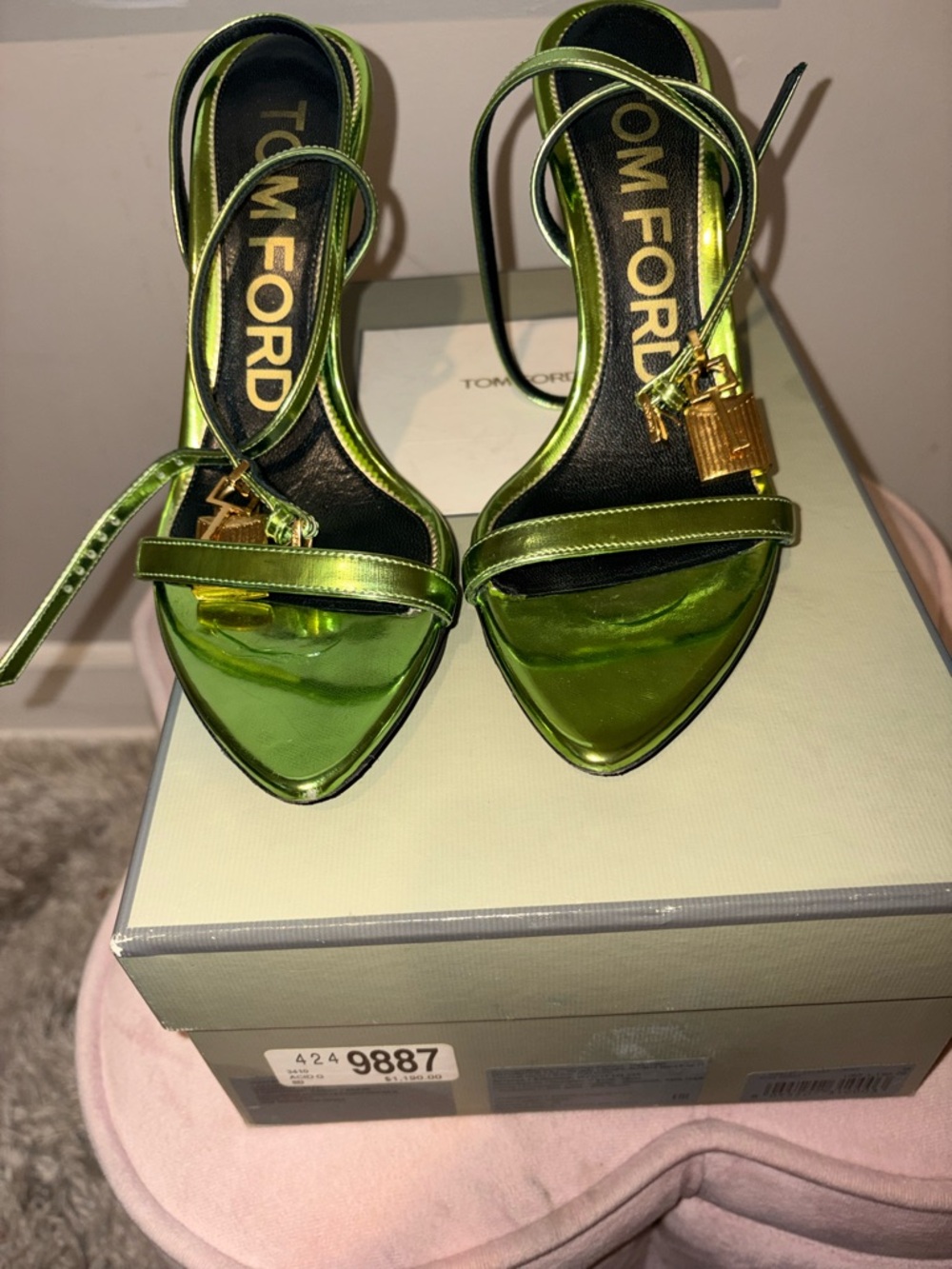 Tom Ford Metallic Acid Green Strappy Pointed-Toe Heels - Picture 2 of 6
